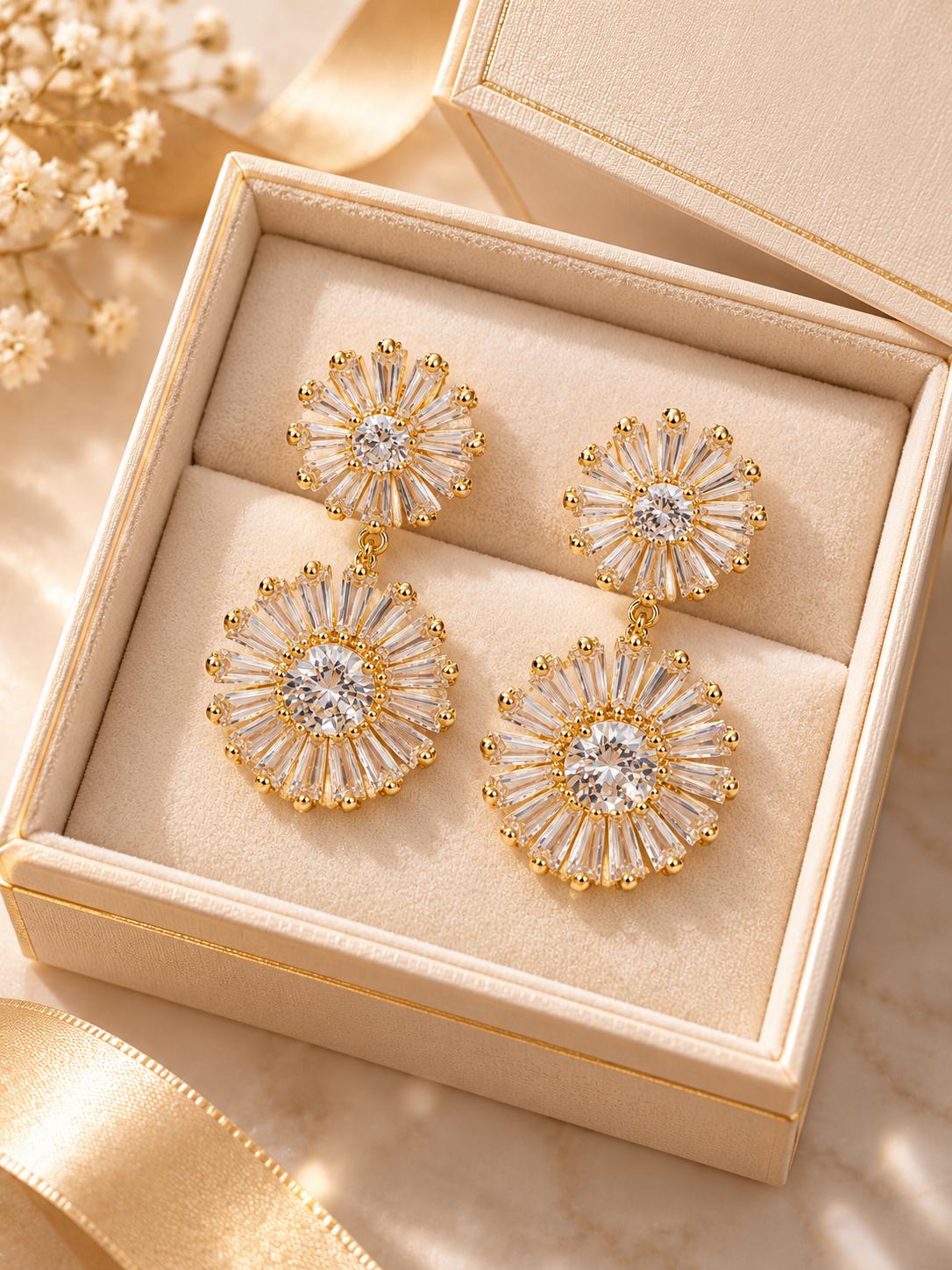 Aretes Colgantes de Flor con Zirconias Brillantes, Diseño Doble Floral, Elegantes para Mujer, Color Dorado