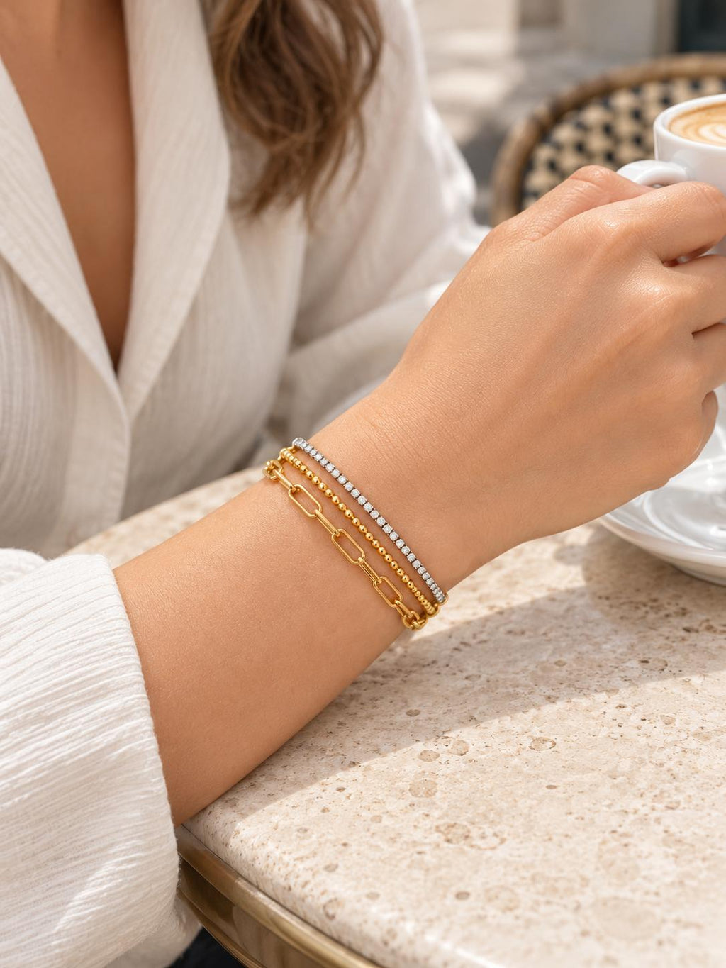 Pulsera doble cadena dorada con circonitas brillantes, pulsera elegante de moda SUY