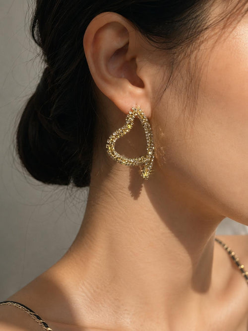 Aretes de aro corazón dorado llenos de circonitas brillantes, aretes llamativos para fiesta, boda, cita y uso diario, joyería de moda para mujer SUY