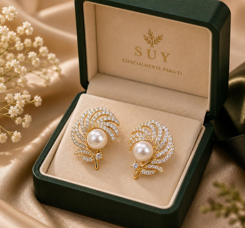 Aretes dorados en forma de pluma con perla y circonita, aretes elegantes para mujer SUY