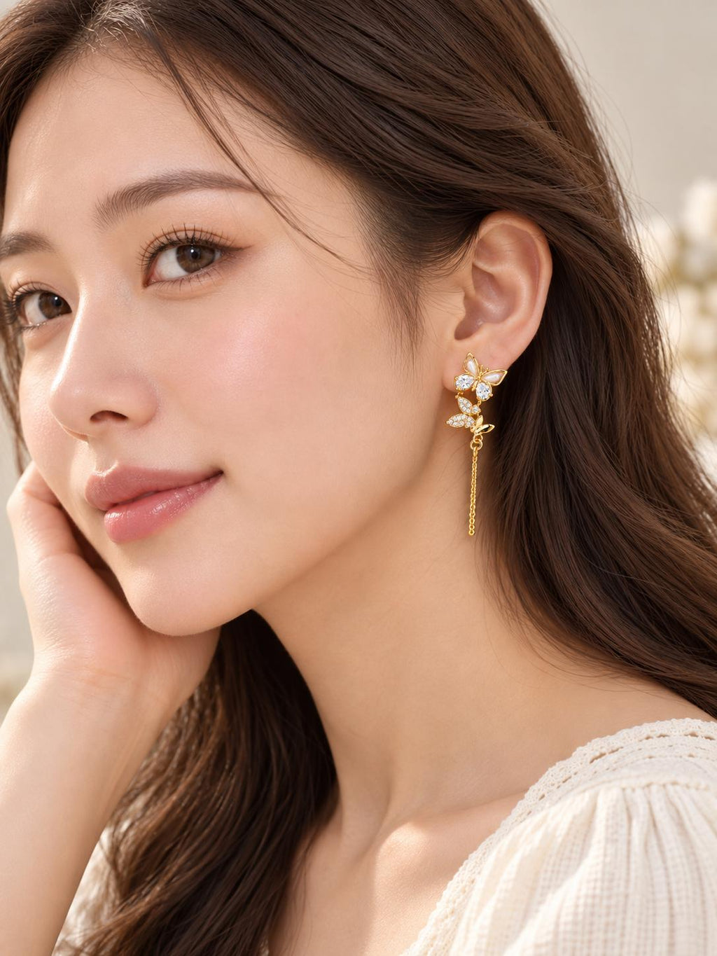 Pendientes asimétricos de mariposa con perla y circonias, joyería elegante para mujer SUY