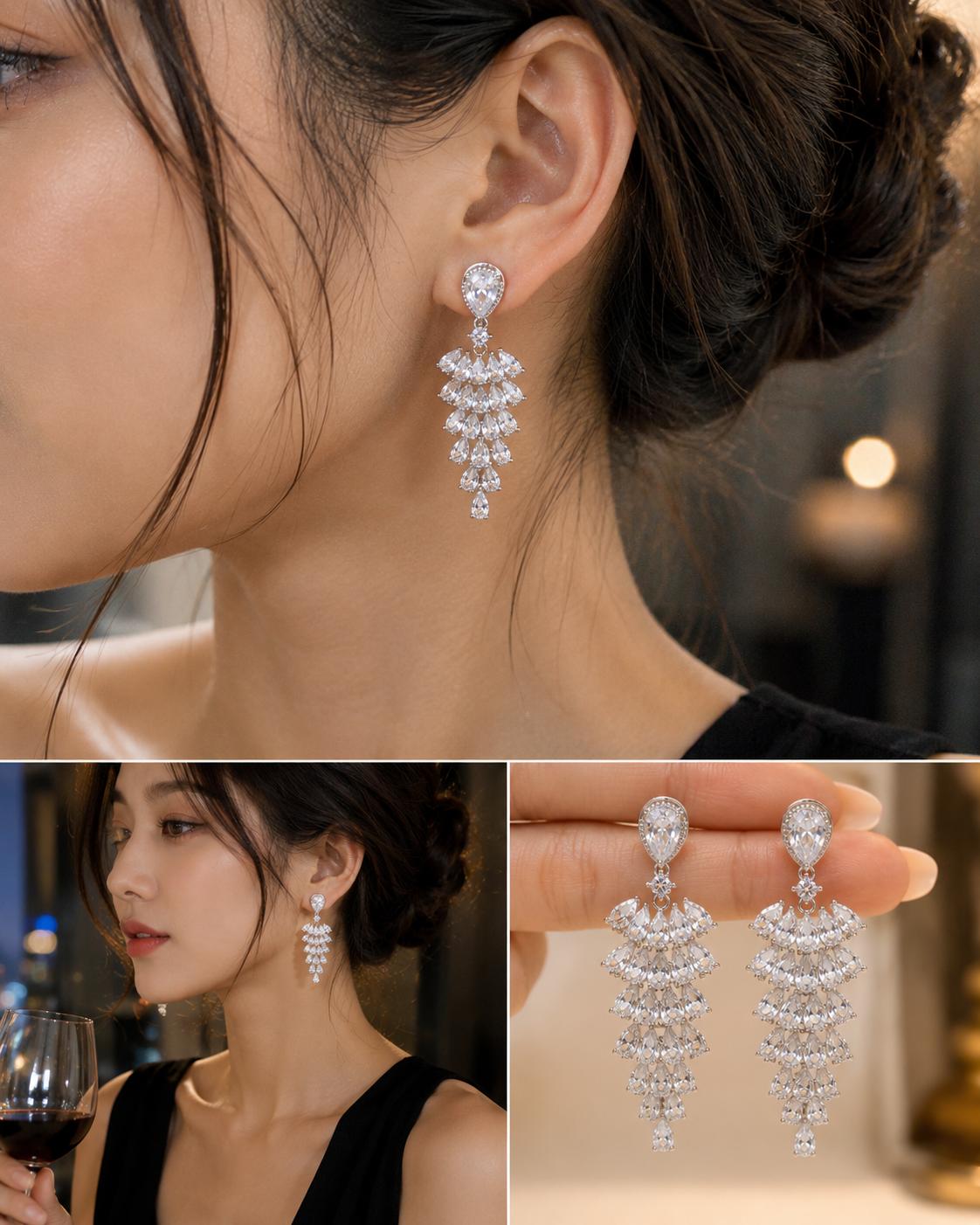 Sin níquel / Antialérgico, Aretes largos de borla con circonita en forma de gota, aretes elegantes para fiesta y boda SUY