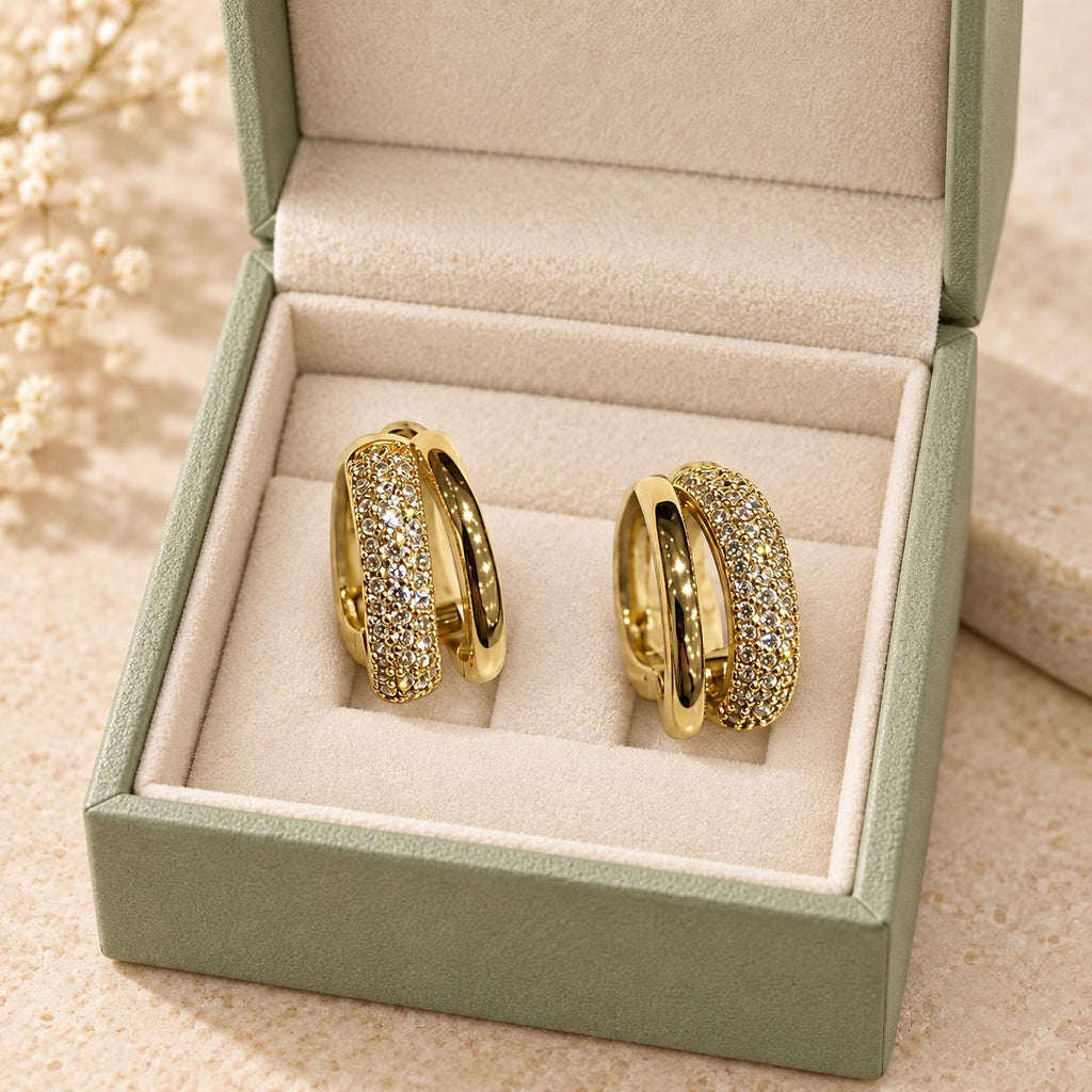 Aretes de aro doble con circonitas brillantes, joyería minimalista elegante SUY para mujer