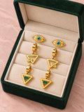 Set de 3 pares de aretes dorados para mujer, diseños de ojo azul y triángulos