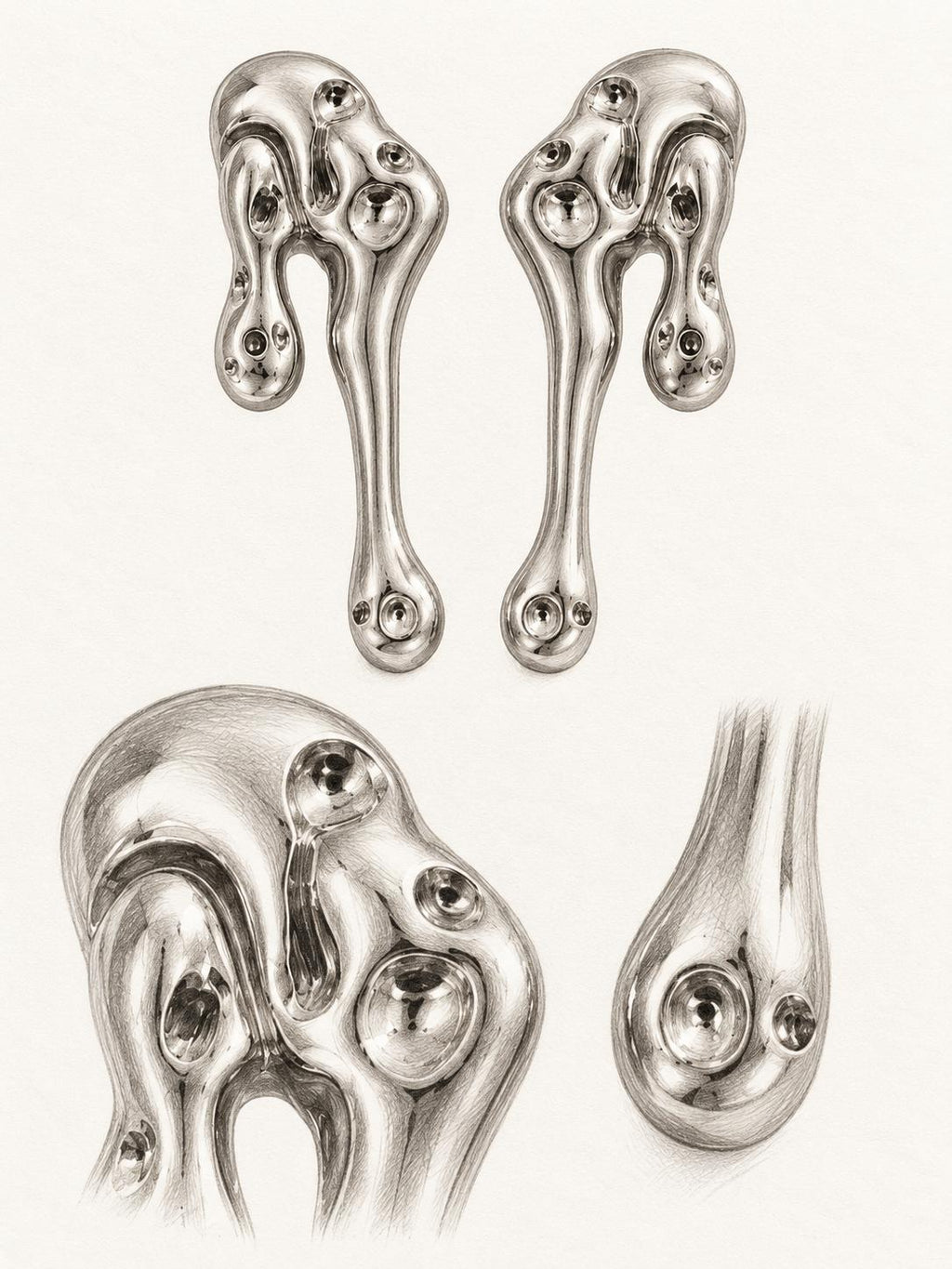 Aretes largos dorados de diseño abstracto con efecto metal líquido para mujer
