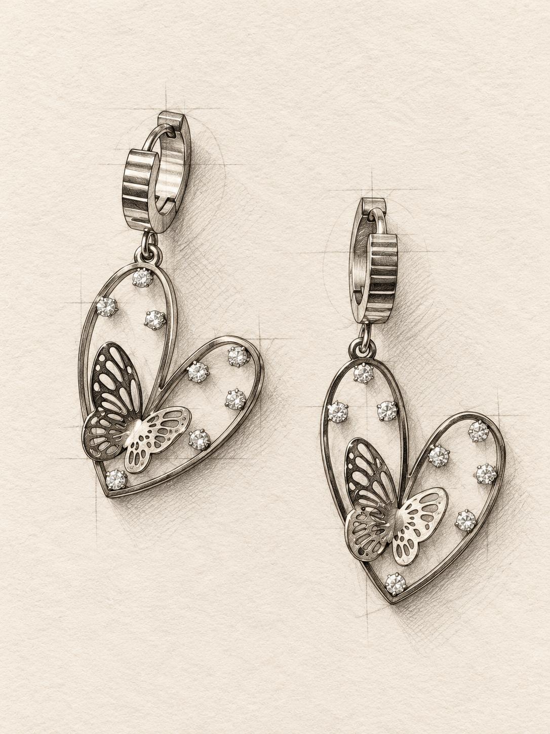 Aretes colgantes dorados de corazón con mariposa y detalles brillantes para mujer