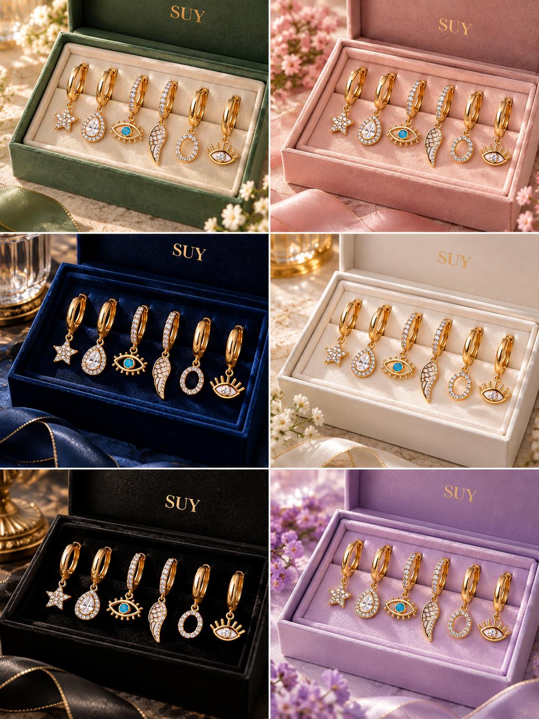 6 aretes individuales dorados ojo turco estrella gota ala zirconia SUY