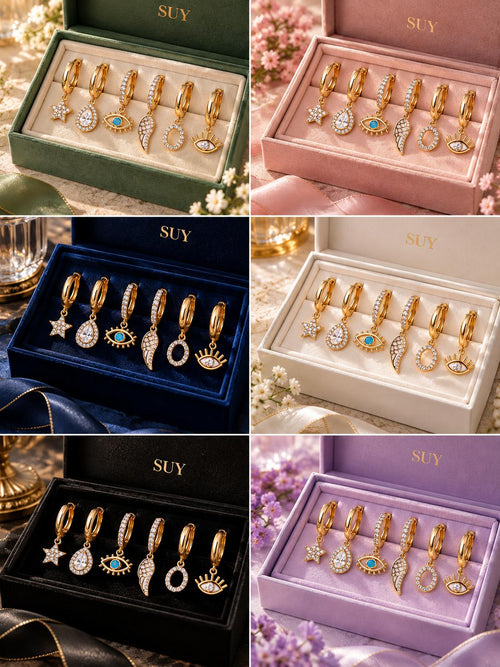 6 aretes individuales dorados ojo turco estrella gota ala zirconia SUY