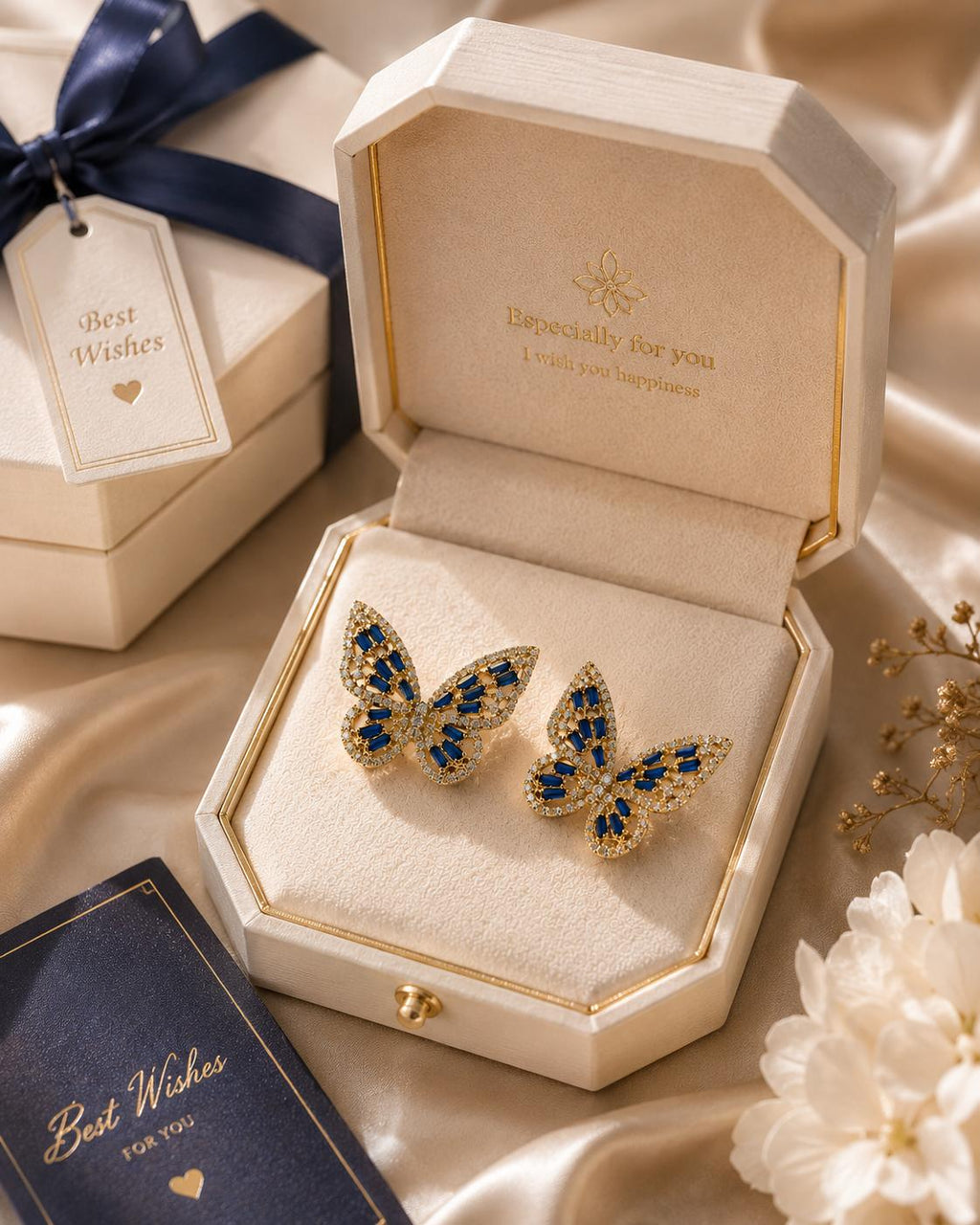 Aretes de Mariposa para Mujer con Zirconias Brillantes y Cristales Azules, Elegantes y Modernos | SUY