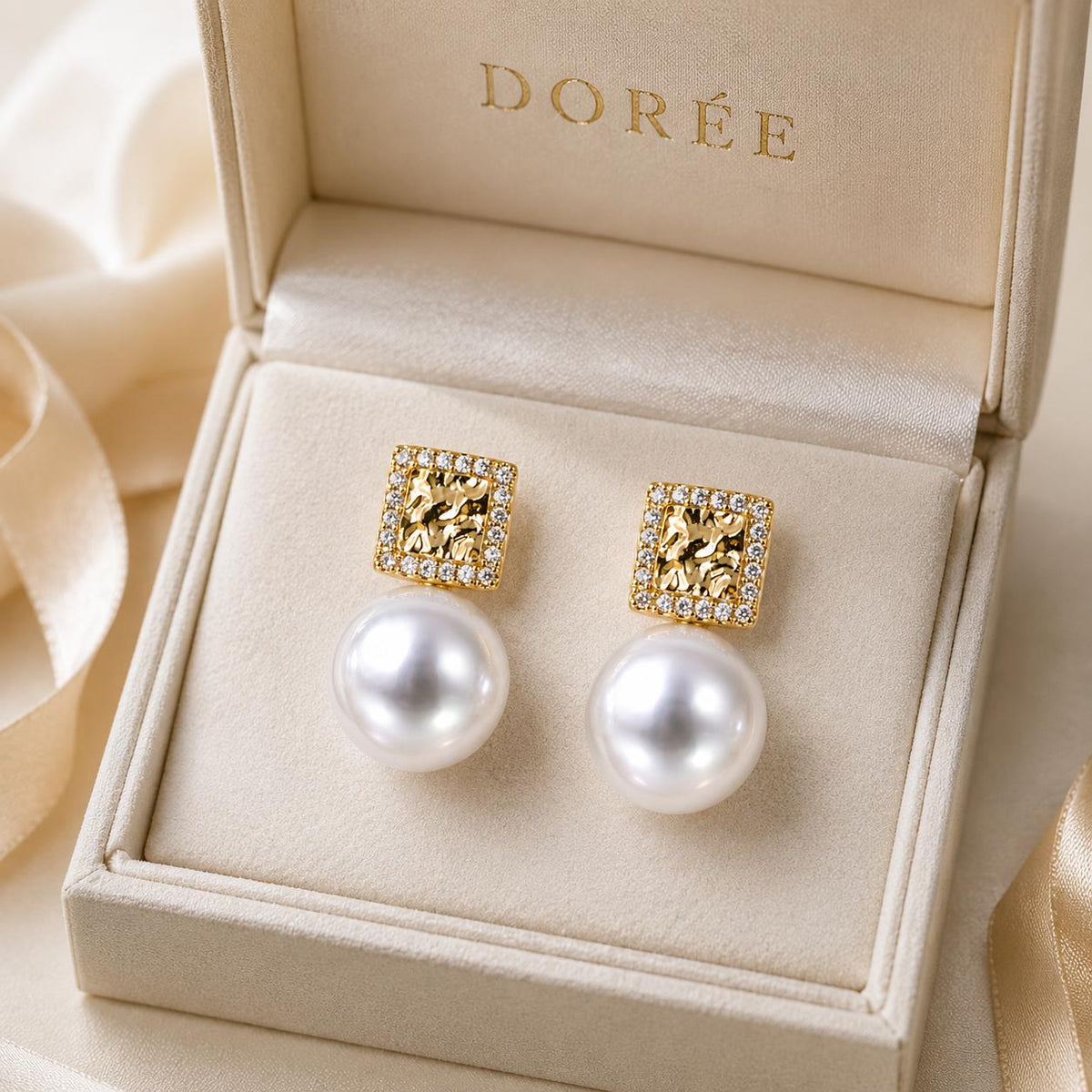 Aretes elegantes de perla blanca, diseño cuadrado con circonitas, joyería fina SUY para mujer