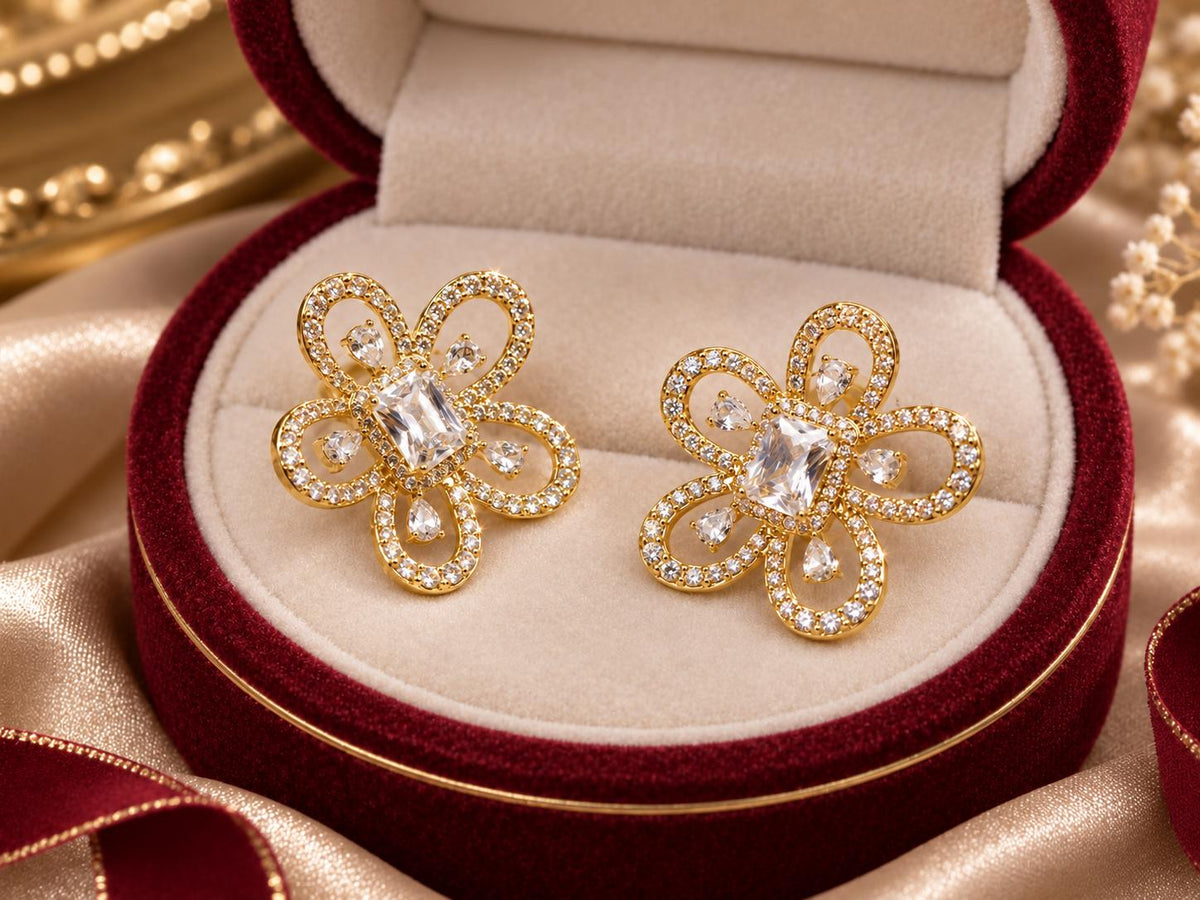 Aretes Florales Dorados con Piedras Brillantes Grandes, Aretes de Tuerca Elegantes para Mujer SUY