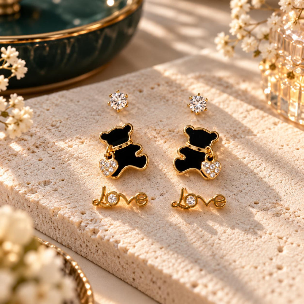Set de 3 pares de aretes para mujer, ositos con corazón, Love y piedra brillante, tono dorado – 6 piezas