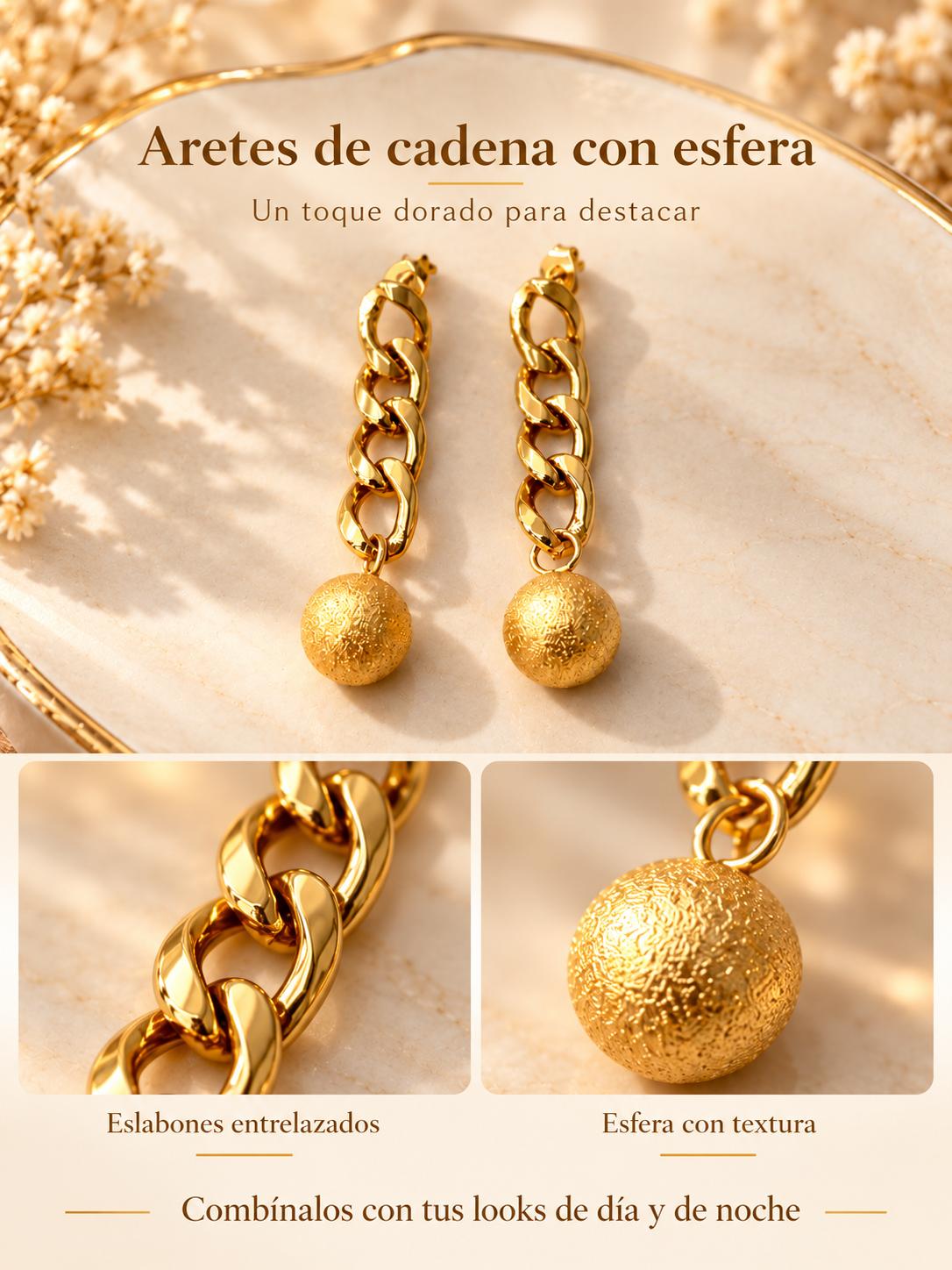Aretes largos dorados de eslabones con esfera texturizada para mujer | SUY