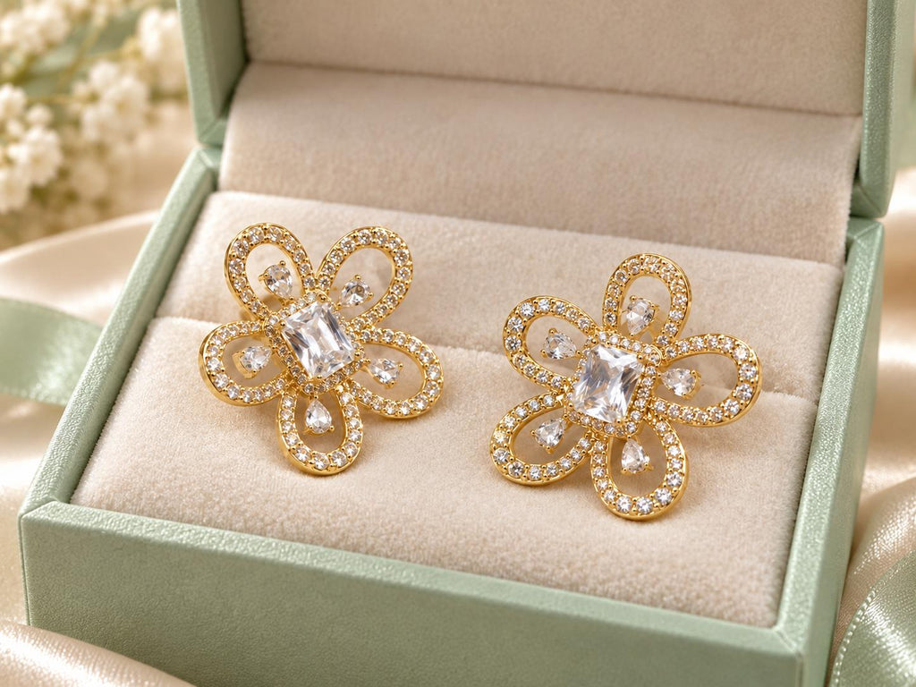 Aretes Florales Dorados con Piedras Brillantes Grandes, Aretes de Tuerca Elegantes para Mujer SUY
