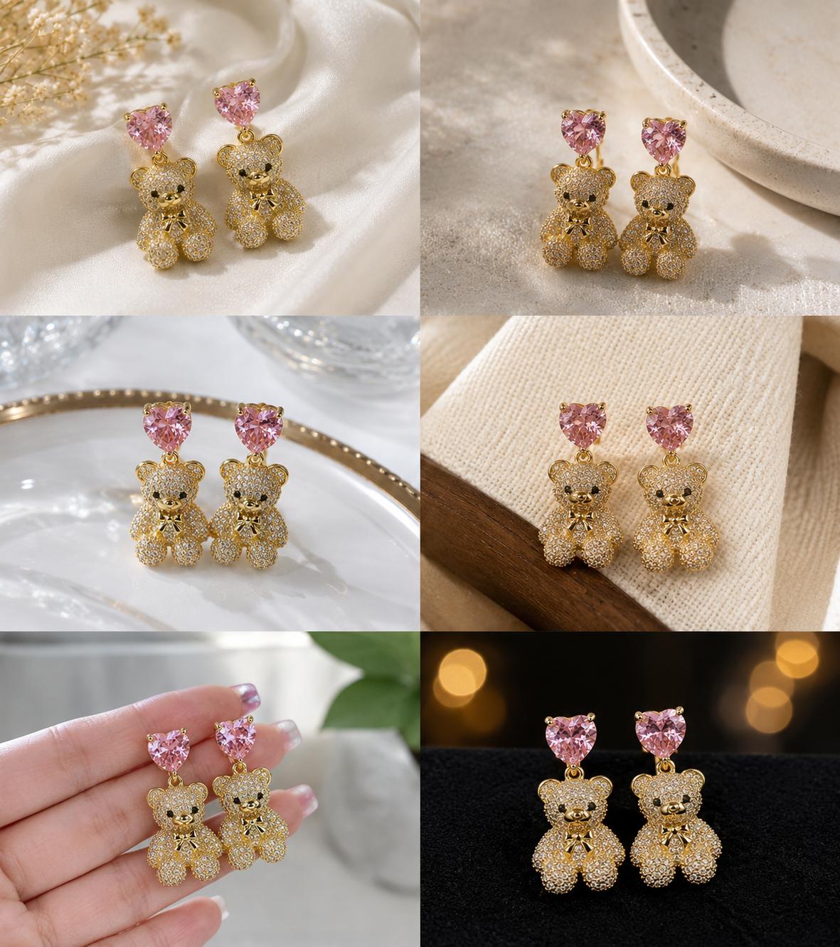 Pendientes de oso dorado con corazón rosa circonitas brillantes, lindo colgante para mujer, accesorio ideal para citas, fiestas y regalo SUY