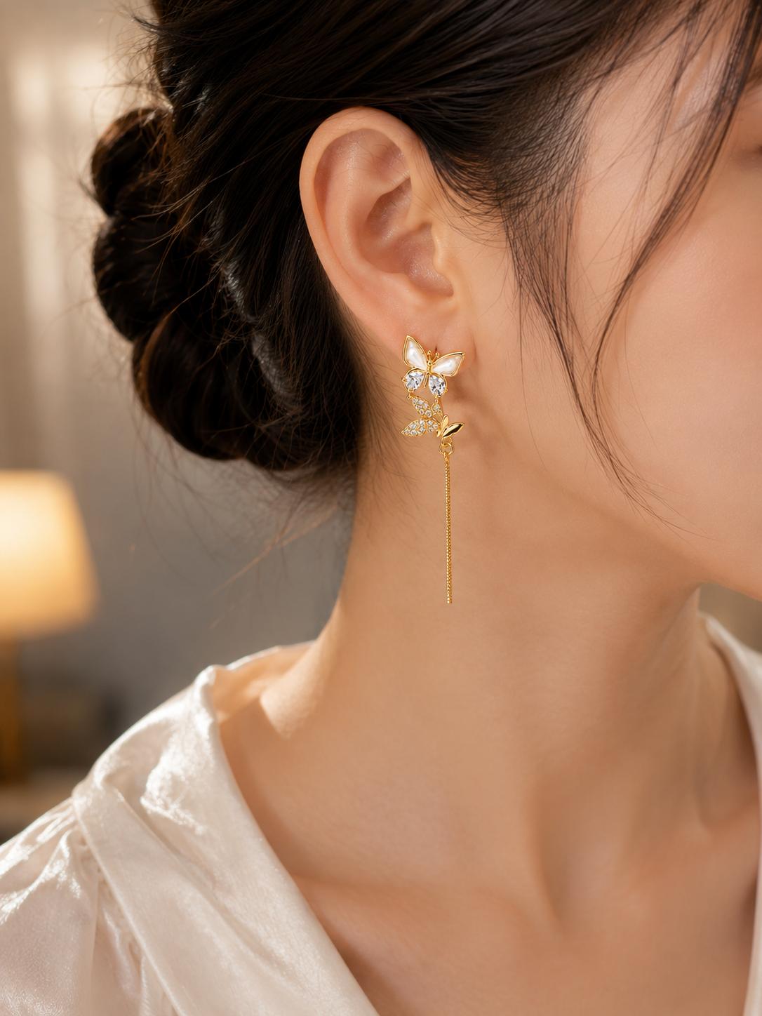 Pendientes asimétricos de mariposa con perla y circonias, joyería elegante para mujer SUY