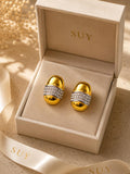 Pendientes ovalados dorados con piedras brillantes, diseño bicolor elegante para mujer SUY