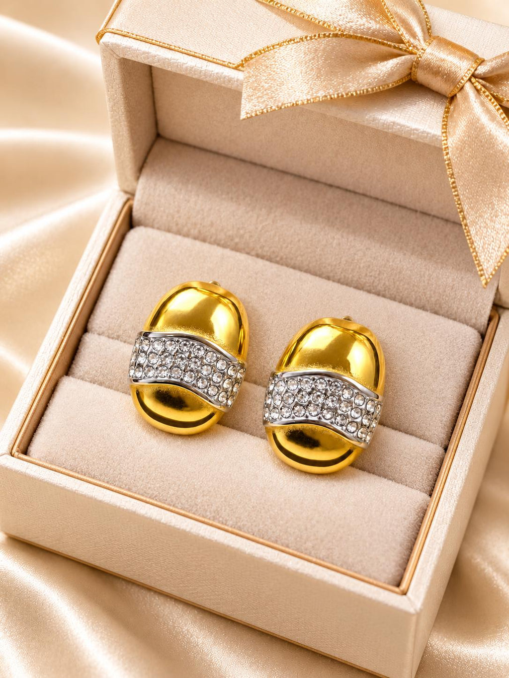 Pendientes ovalados dorados con piedras brillantes, diseño bicolor elegante para mujer SUY