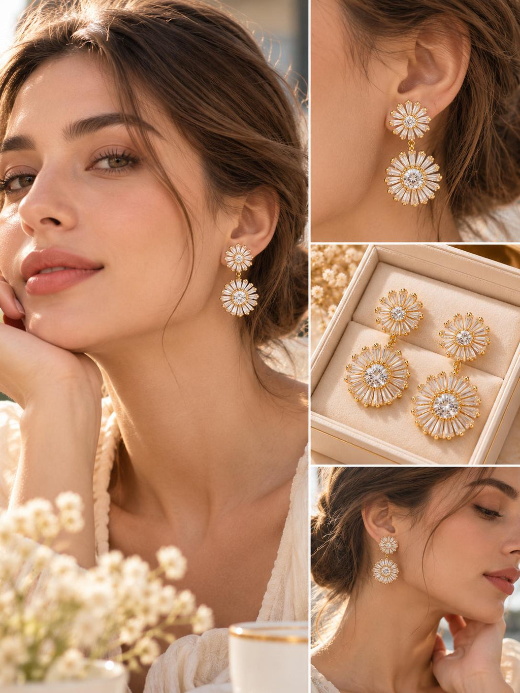 Aretes Colgantes de Flor con Zirconias Brillantes, Diseño Doble Floral, Elegantes para Mujer, Color Dorado