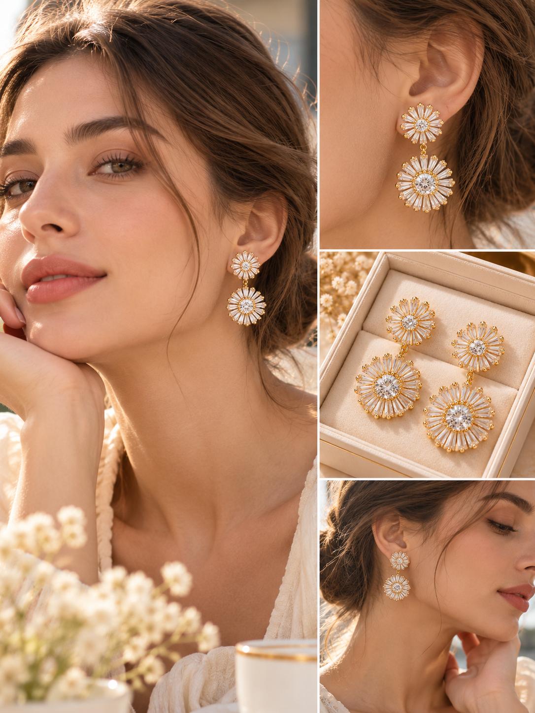 Aretes Colgantes de Flor con Zirconias Brillantes, Diseño Doble Floral, Elegantes para Mujer, Color Dorado