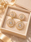 Aretes Colgantes de Flor con Zirconias Brillantes, Diseño Doble Floral, Elegantes para Mujer, Color Dorado