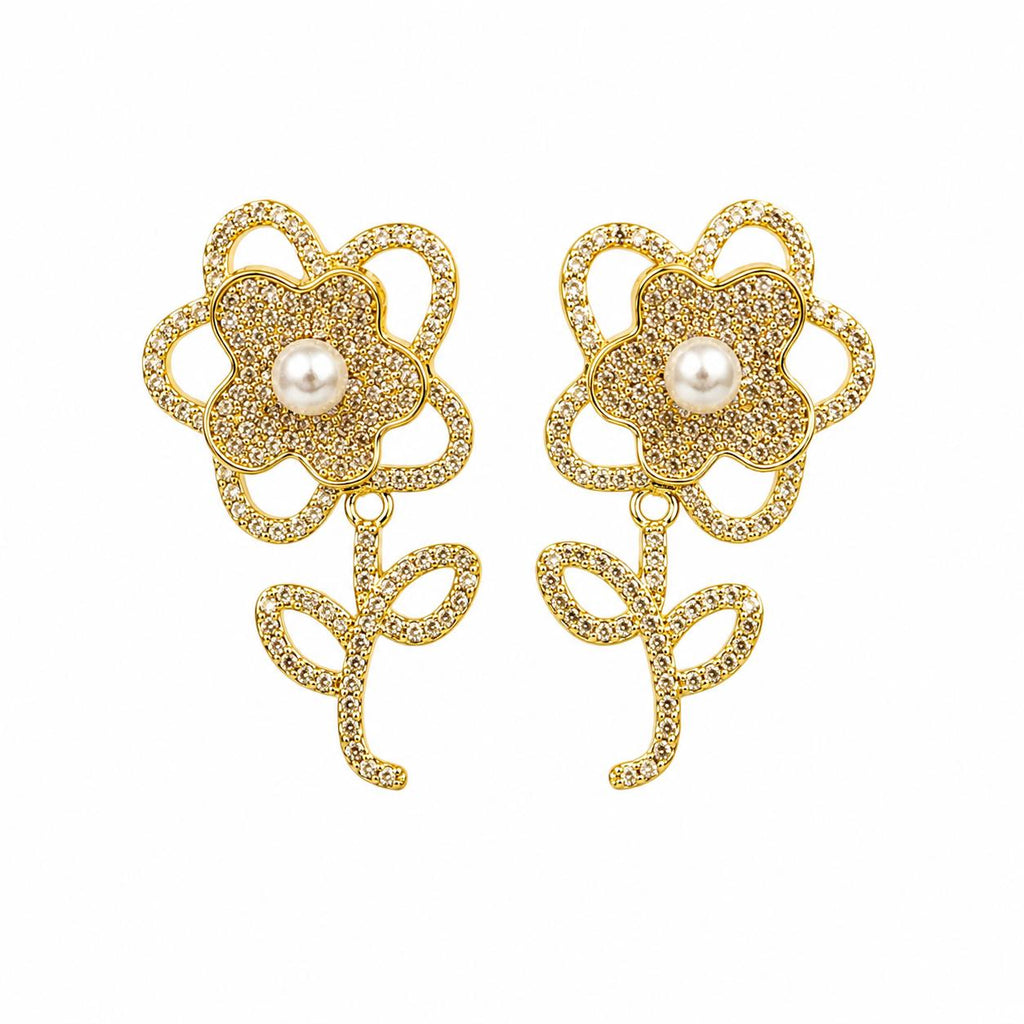 Aretes Floral Dorados con Perla y Piedras Brillantes, Diseño Elegante para Mujer SUY
