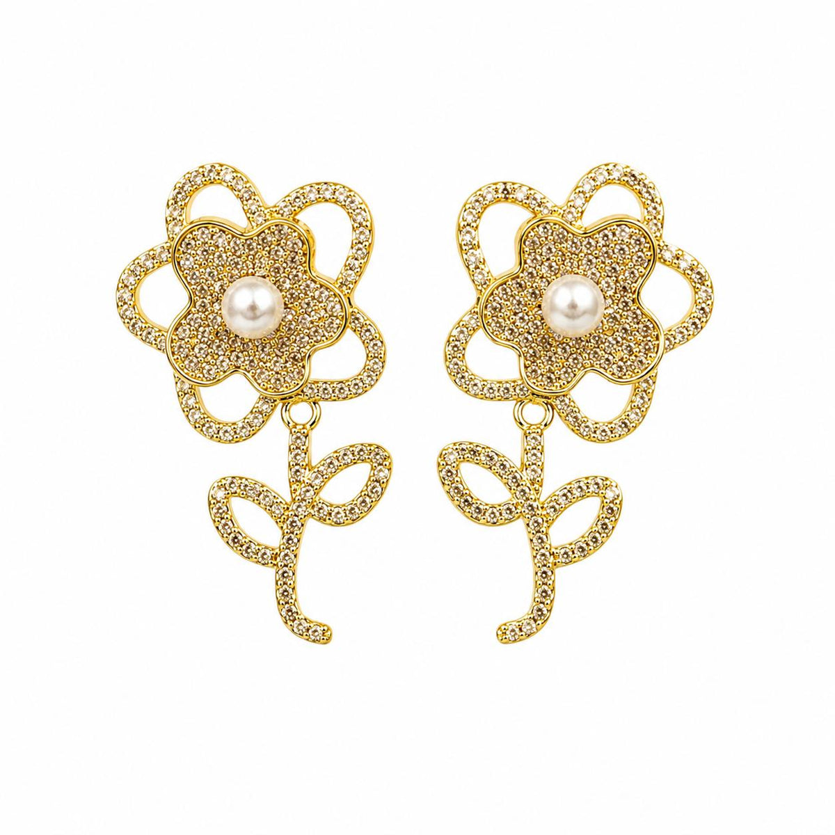 Aretes Floral Dorados con Perla y Piedras Brillantes, Diseño Elegante para Mujer SUY
