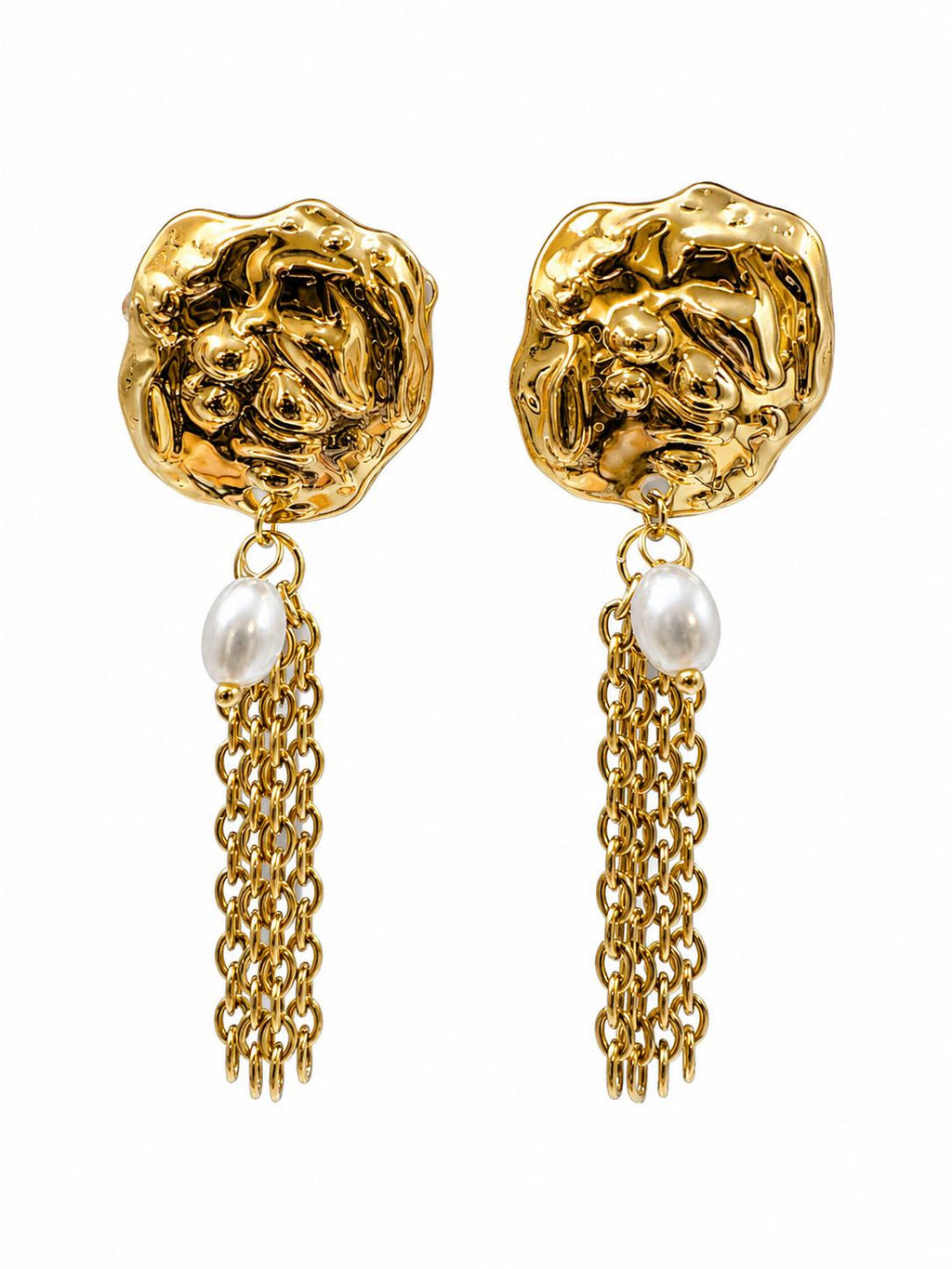 Aretes largos dorados texturizados con perla y fleco de cadena, joyería moderna para mujer SUY