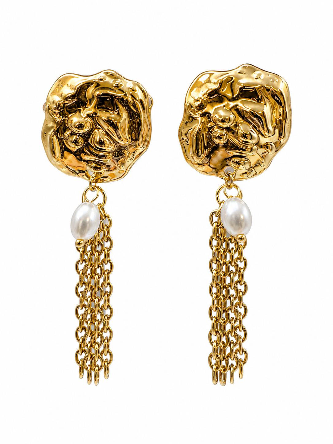 Aretes largos dorados texturizados con perla y fleco de cadena, joyería moderna para mujer SUY