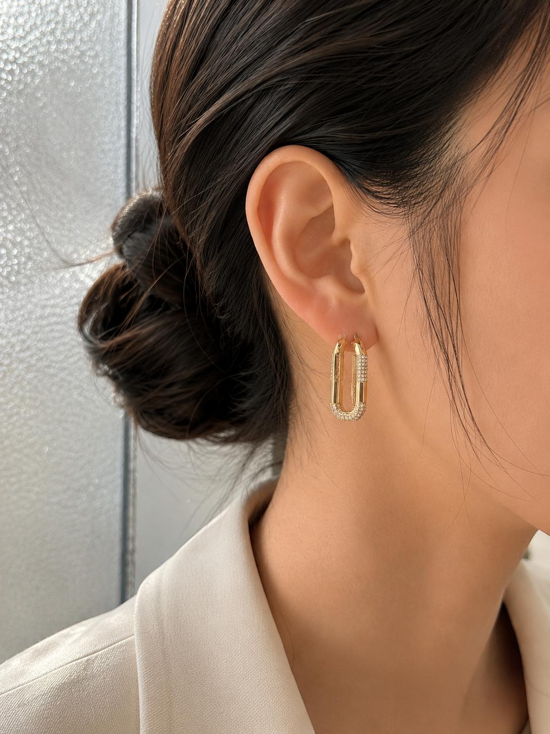 Aretes aro rectangular dorado con piedras brillantes, joyería minimalista para mujer SUY