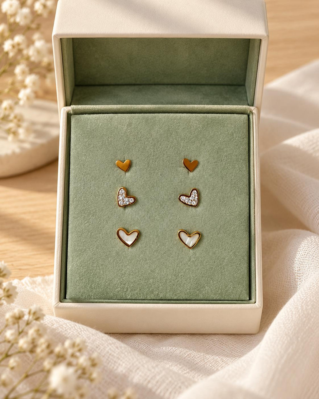 Set de 3 pares de aretes de corazón dorados para mujer, diseños lisos, brillantes y con efecto nacarado