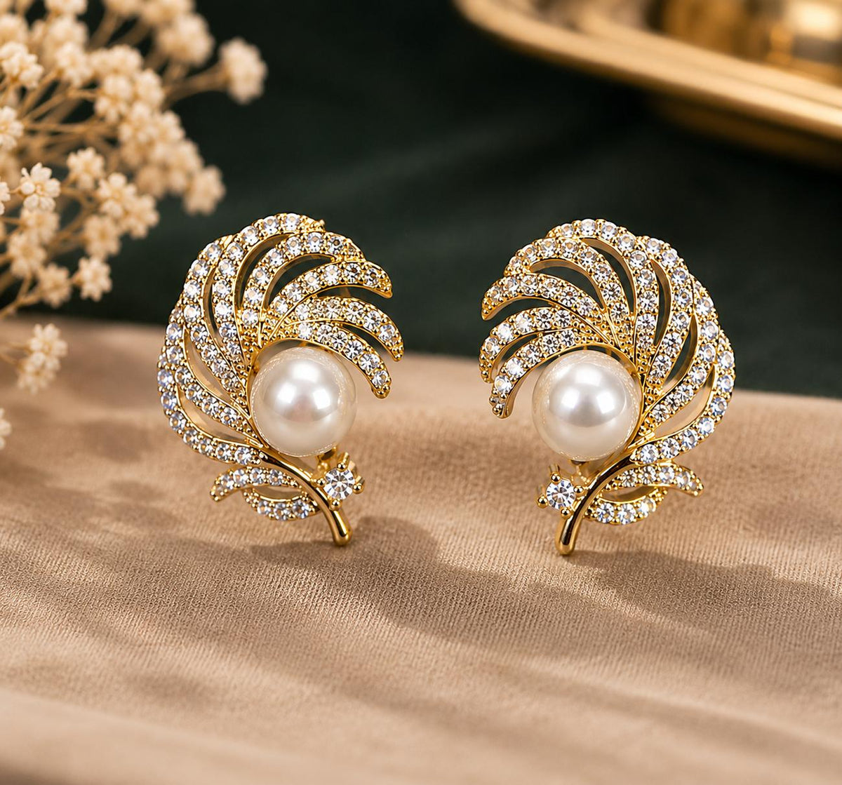 Aretes dorados en forma de pluma con perla y circonita, aretes elegantes para mujer SUY