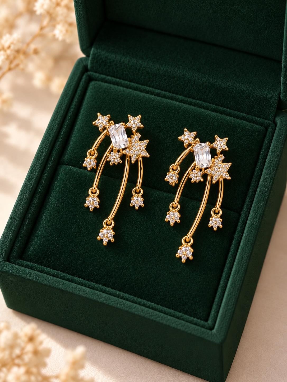 Aretes dorados de estrellas y cometa con circonita, aretes largos románticos para mujer SUY