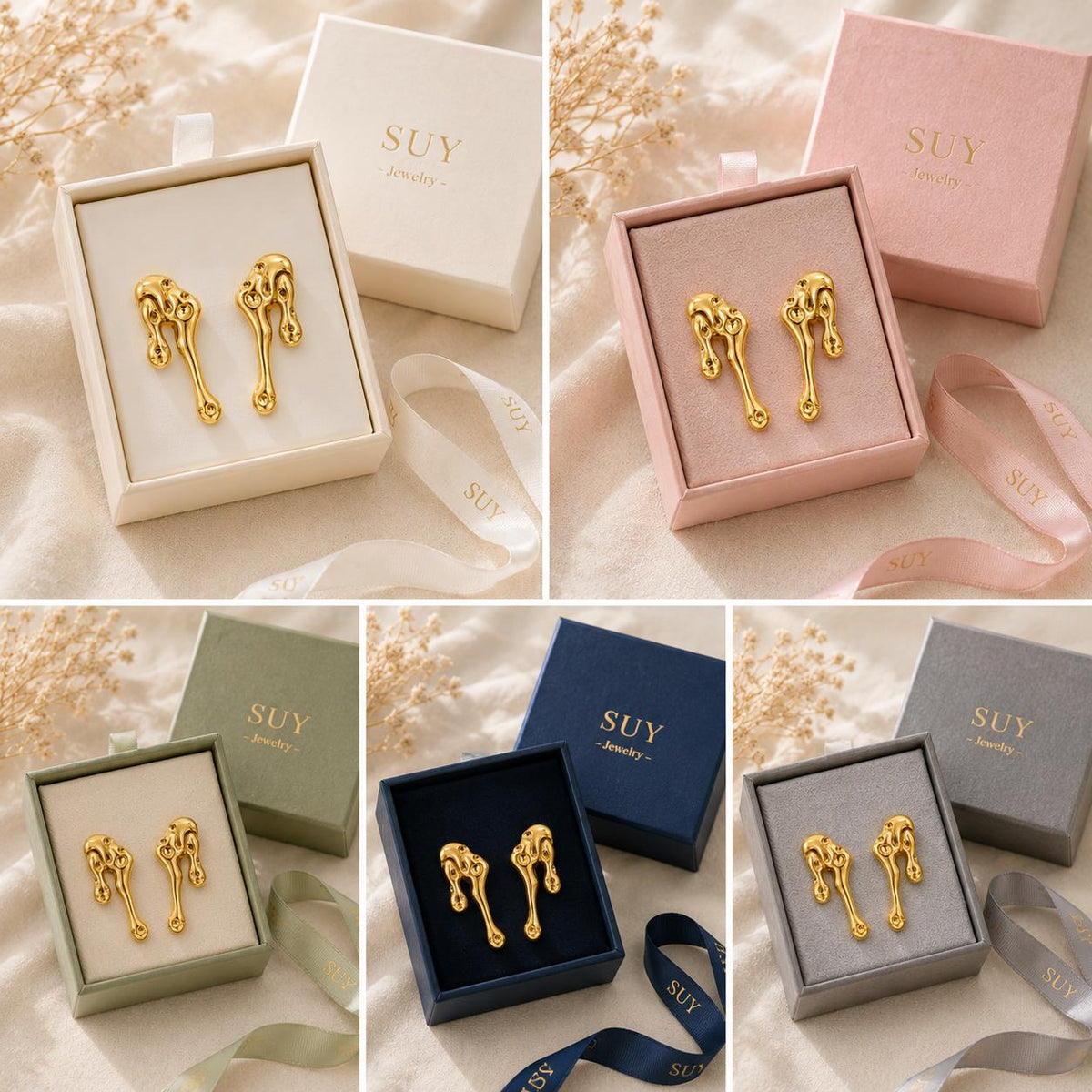 Aretes largos dorados de diseño abstracto con efecto metal líquido para mujer