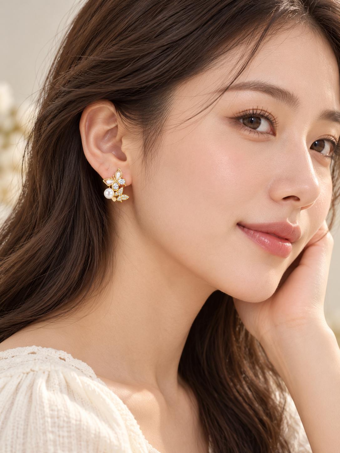 Pendientes asimétricos de mariposa con perla y circonias, joyería elegante para mujer SUY