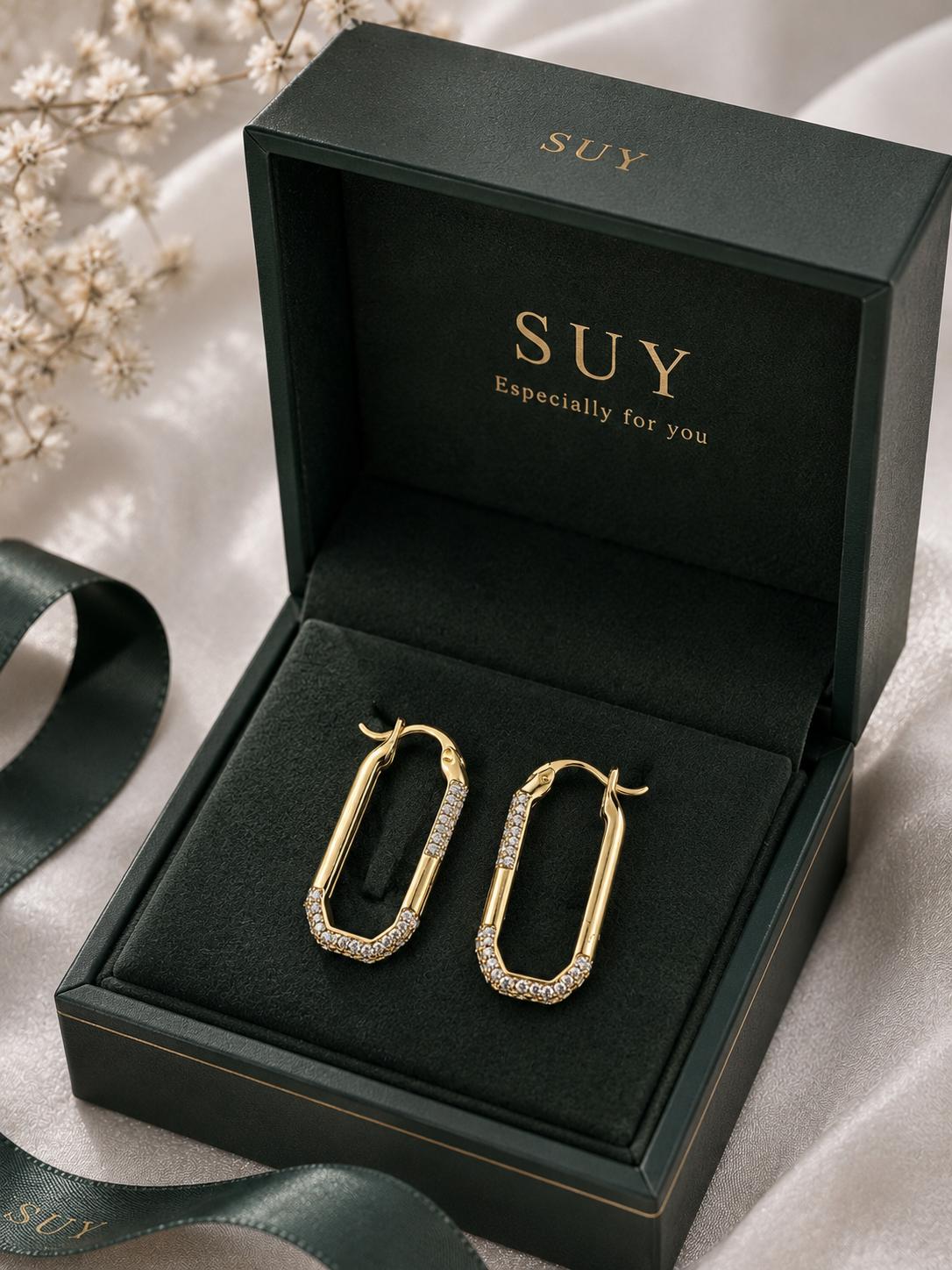 Aretes aro rectangular dorado con piedras brillantes, joyería minimalista para mujer SUY