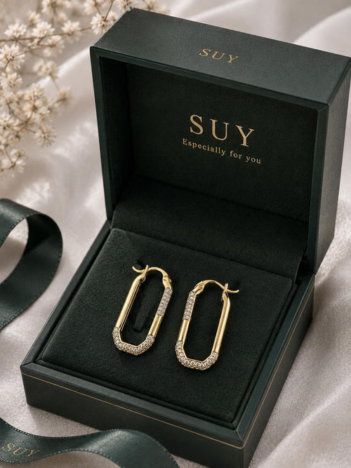 Aretes aro rectangular dorado con piedras brillantes, joyería minimalista para mujer SUY