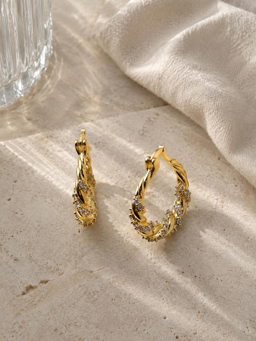 Aretes Arracadas Doradas Trenzadas con Circonias Brillantes, Diseño Vintage Elegante para Mujer SUY
