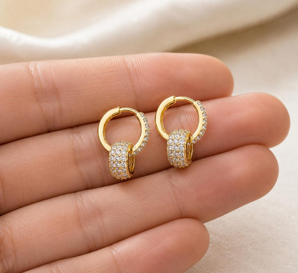 Aretes de aro doble dorado con muchas circonitas brillantes, aretes llamativos para fiesta, boda, noche, oficina y uso diario, joyería de moda para mujer SUY