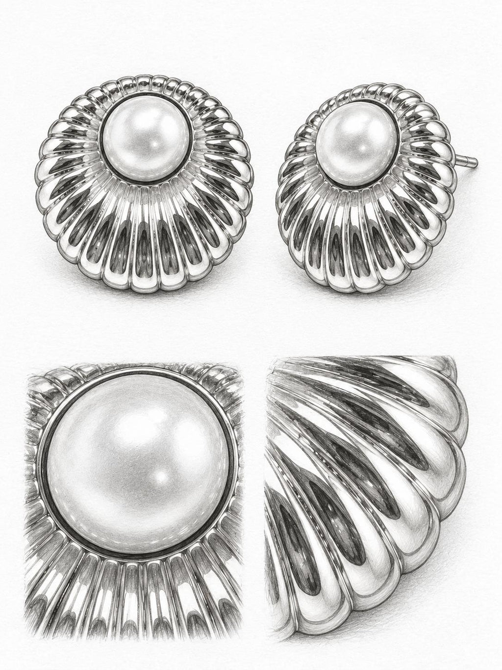 Aretes dorados estilo concha con detalle tipo perla, diseño elegante para mujer