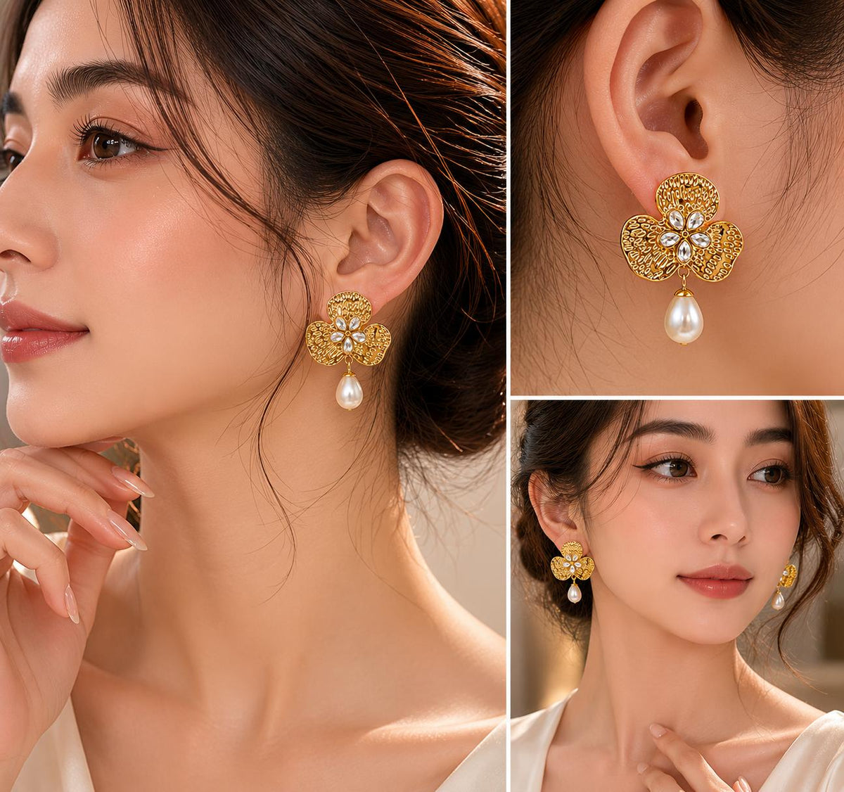Aretes dorados flor con circonitas y perla colgante SUY, pendientes vintage mujer