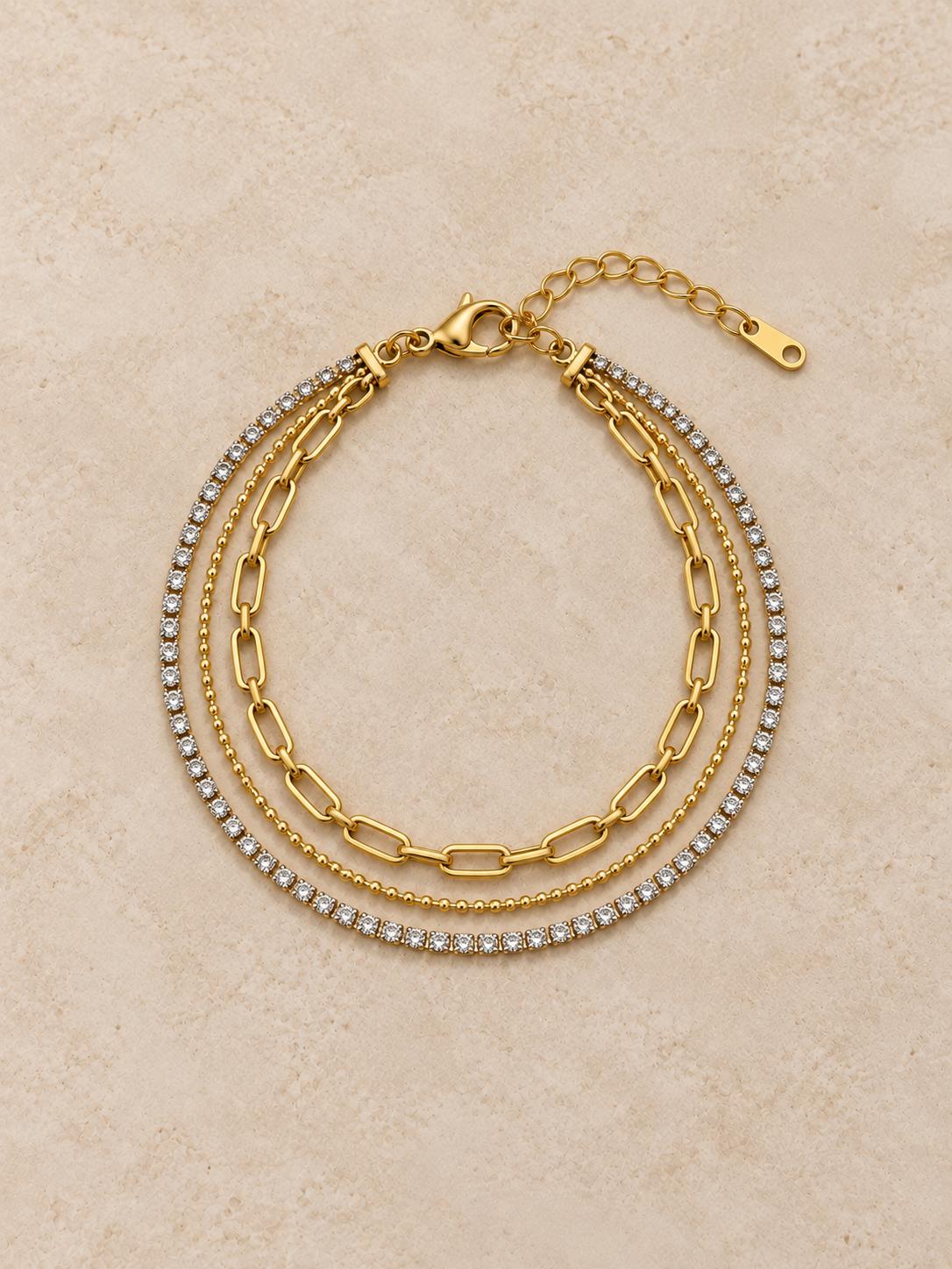 Pulsera doble cadena dorada con circonitas brillantes, pulsera elegante de moda SUY