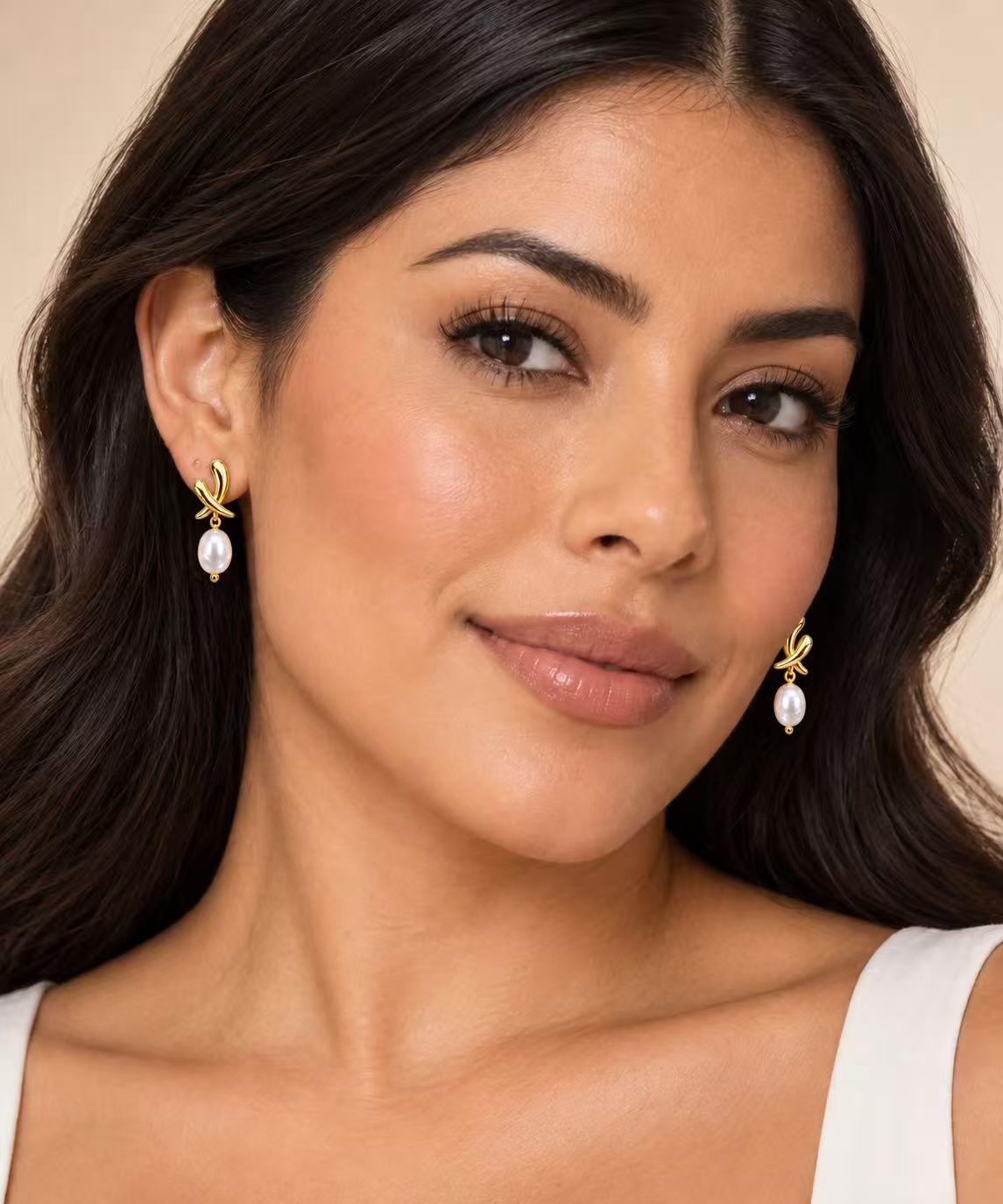 Pendientes aretes dorados diseño cruz con perla sintética,aretes colgantes elegantes para fiesta oficina uso diario joyería mujer SUY