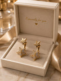 Aretes de doble estrella con circonitas brillantes, diseño vintage elegante, joyería fina SUY para mujer