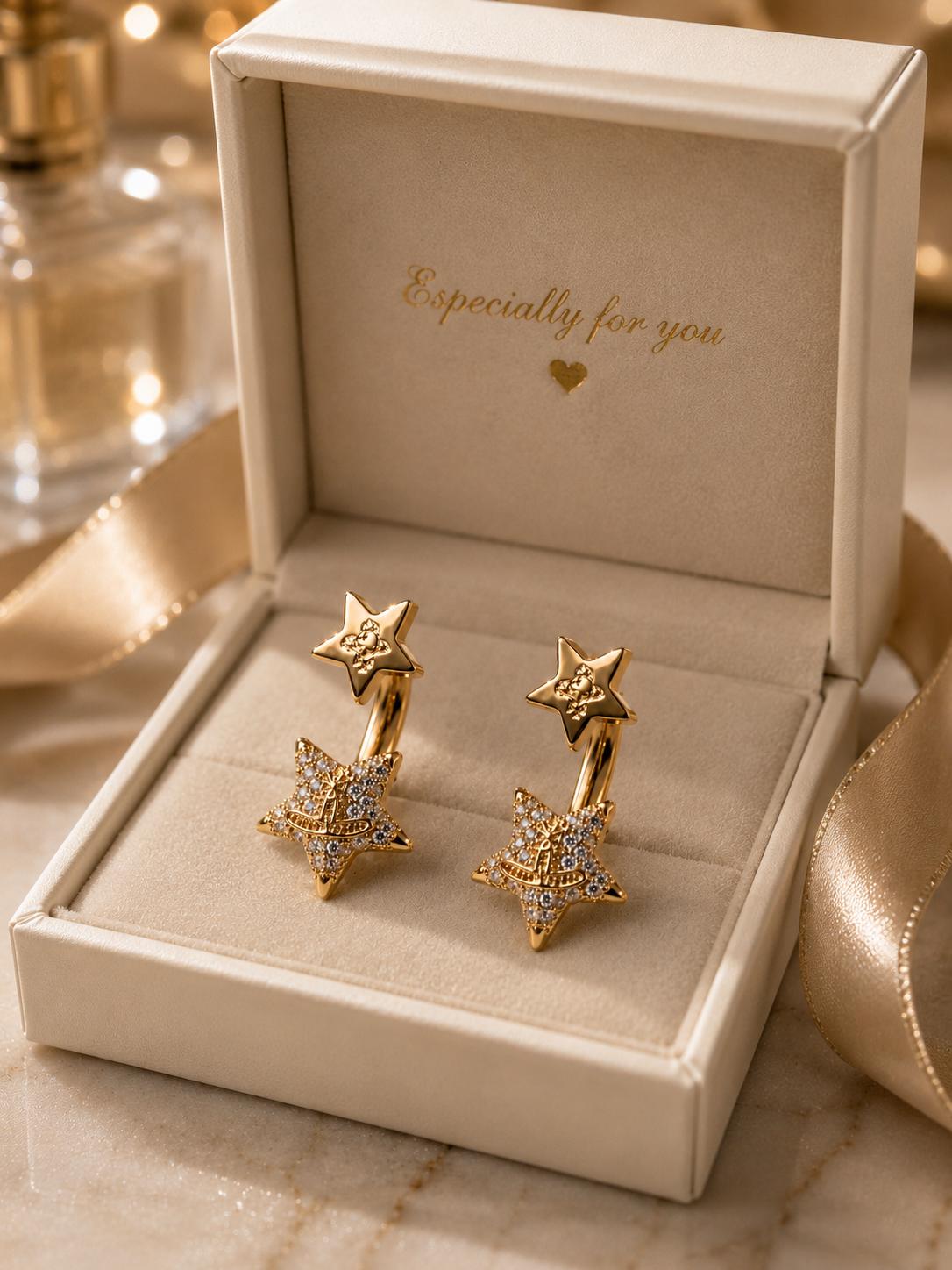 Aretes de doble estrella con circonitas brillantes, diseño vintage elegante, joyería fina SUY para mujer