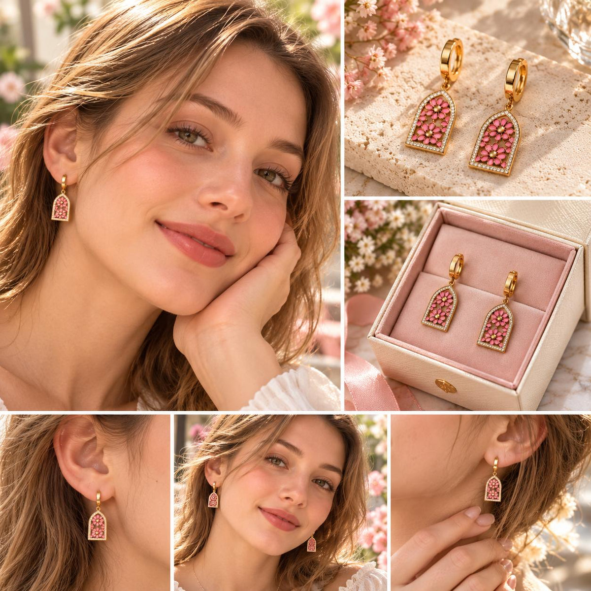 Aretes colgantes de mujer con flores rosas y detalles brillantes, acabado dorado – 1 par