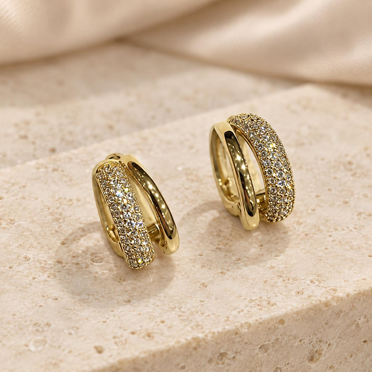 Aretes de aro doble con circonitas brillantes, joyería minimalista elegante SUY para mujer