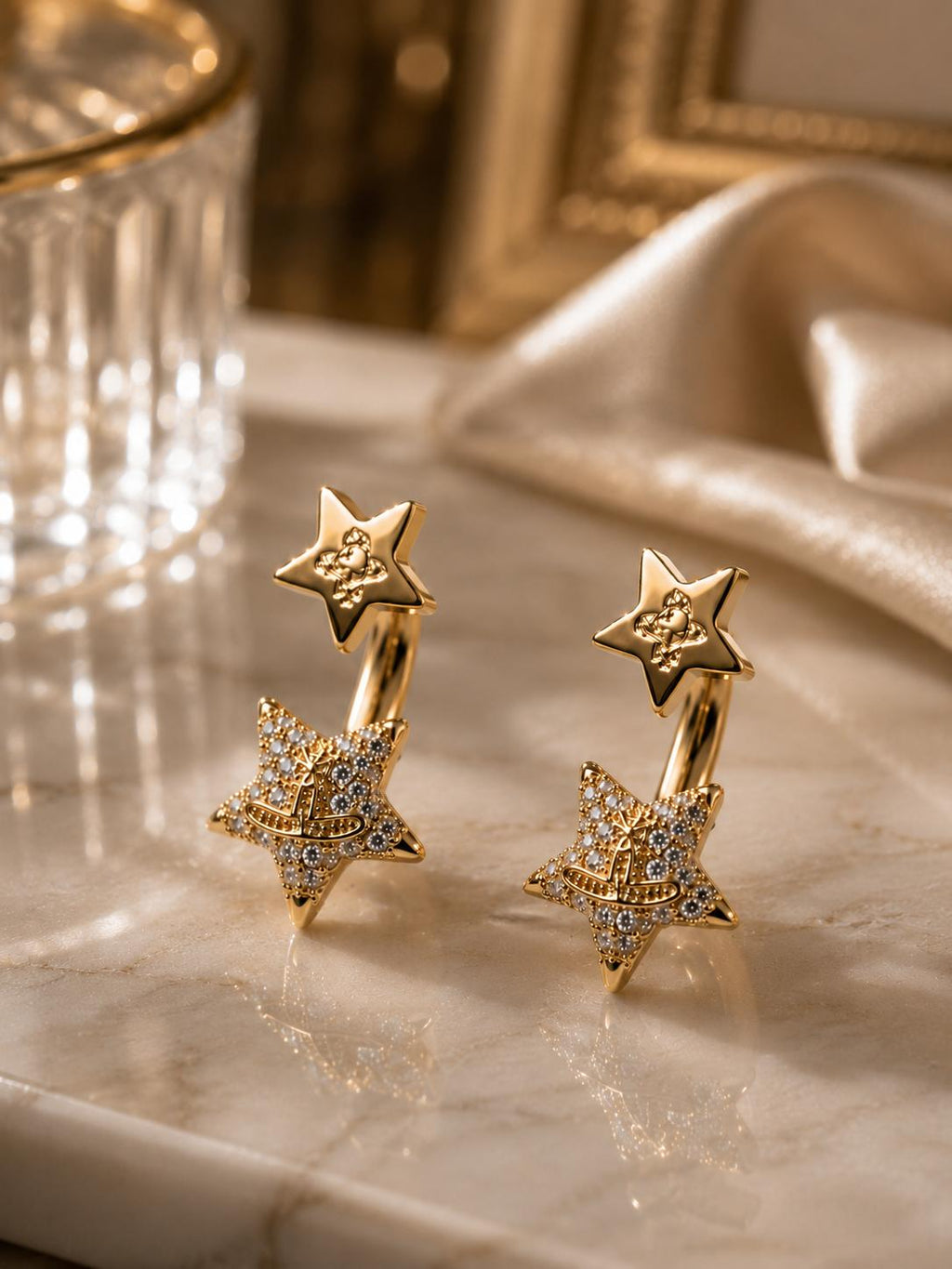Aretes de doble estrella con circonitas brillantes, diseño vintage elegante, joyería fina SUY para mujer