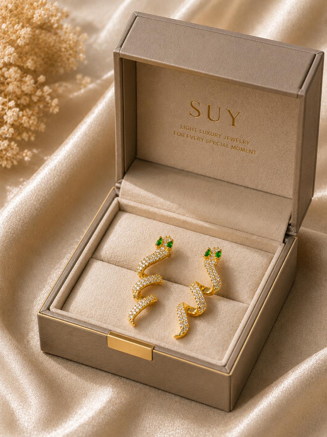 Aretes dorados en forma de serpiente con circonitas verdes SUY, pendientes moda mujer