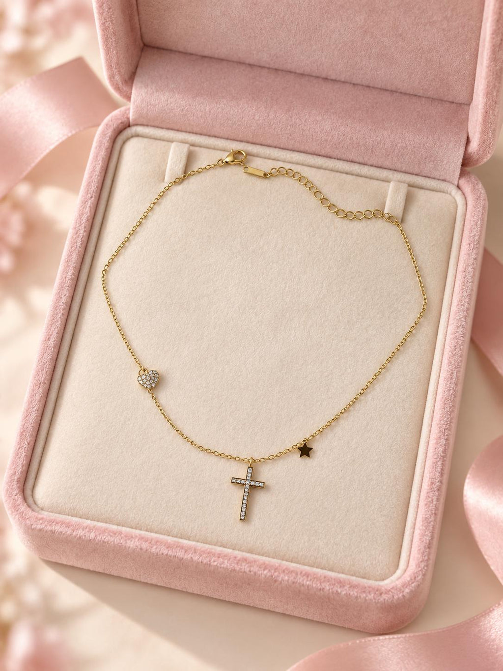 Collar Dorado con Cruz de Brillo, Corazón y Estrella | Collar de Moda para Mujer
